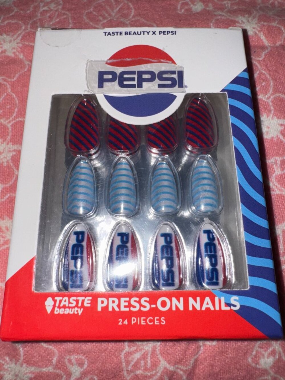 Taste Beauty x Pepsi Press On Nails 24 Piece Kit Almond Shape Red White Blue